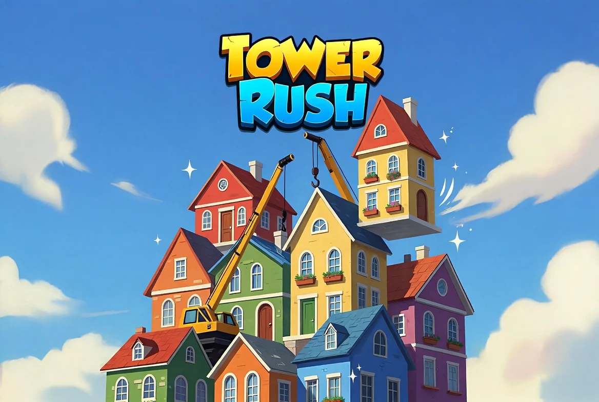 Tower Rush app gameplay: a crane lowering a house onto the tower