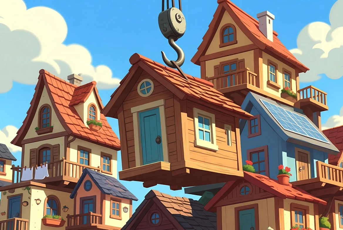 Tower Rush demo gameplay: the crane hook lowering a house onto the stack