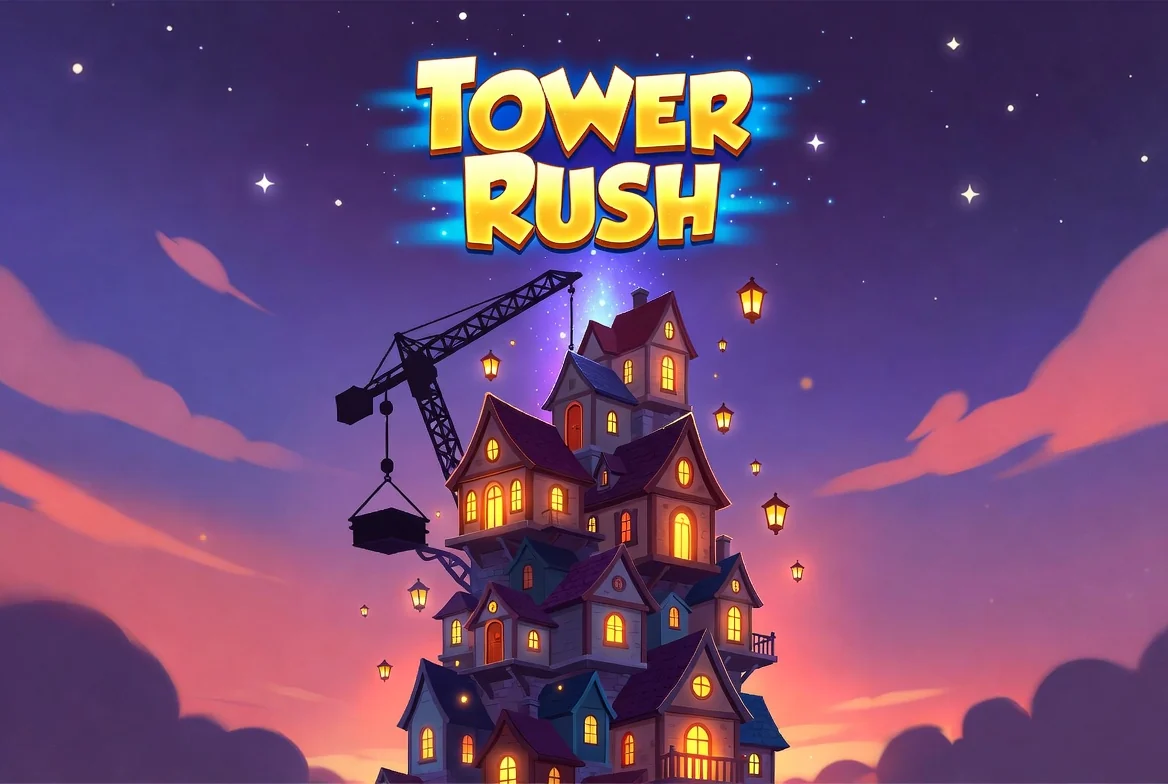 Tower Rush tower glowing at dusk with lanterns — signing in to play